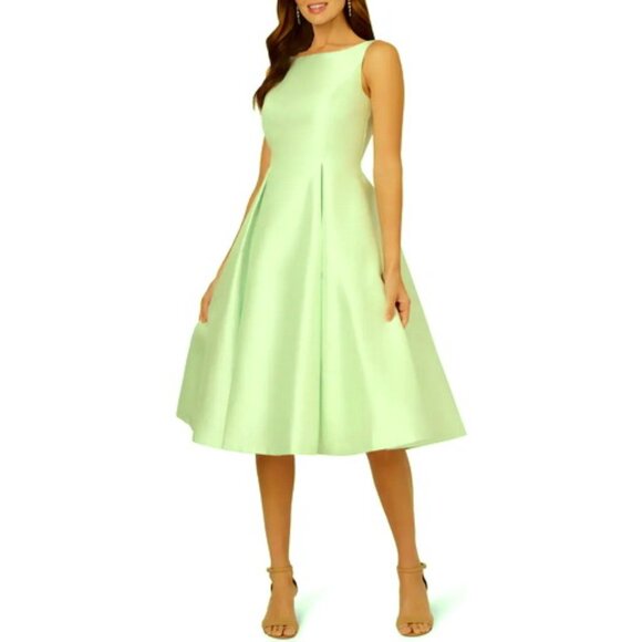 Adrianna Papell Aloe Mist Green Mikado Fit & Flare Midi Dress - Picture 1 of 2